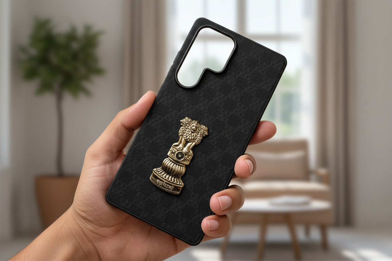 Premium Ashoka Pillar Phone Case - Textured Black with Golden Emblem for Samsung s25 ultra