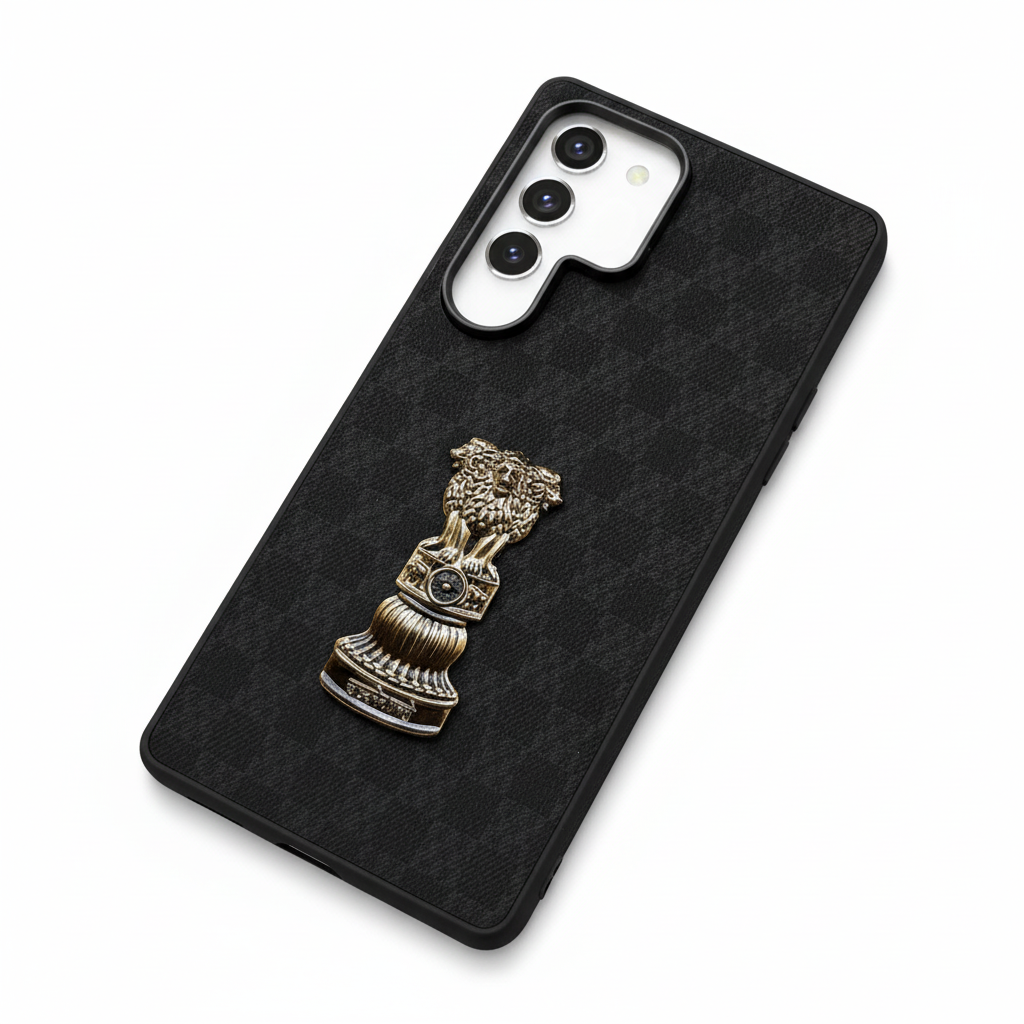 Premium Ashoka Pillar Phone Case - Textured Black with Golden Emblem for Samsung s25 ultra