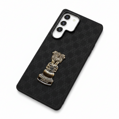 Premium Ashoka Pillar Phone Case - Textured Black with Golden Emblem for Samsung s25 ultra